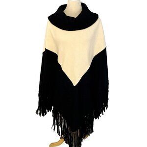 Fiore Bella Cowl Neck Poncho Women's M Cream/Black Merino Wool Blend Fringe Boho